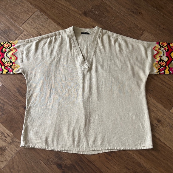 Natori Beige Tan Embroidery Linen V-Neck Dolman Sleeve Tunic Top Women's Size L - Picture 4 of 17